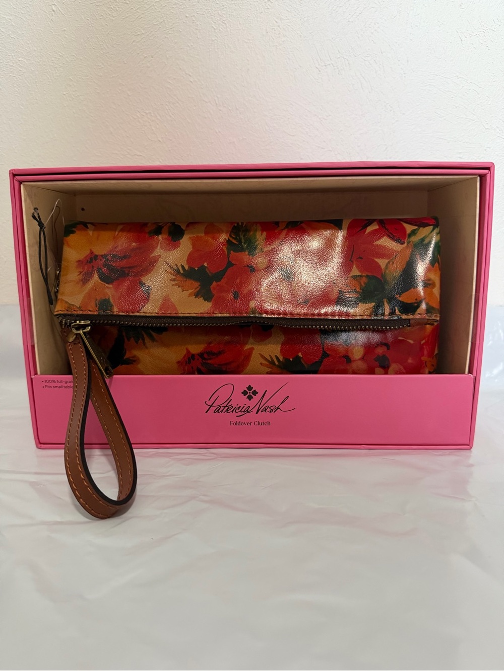 Patricia Nash Orange and Brown Floral Foldover Wristlet Clutch